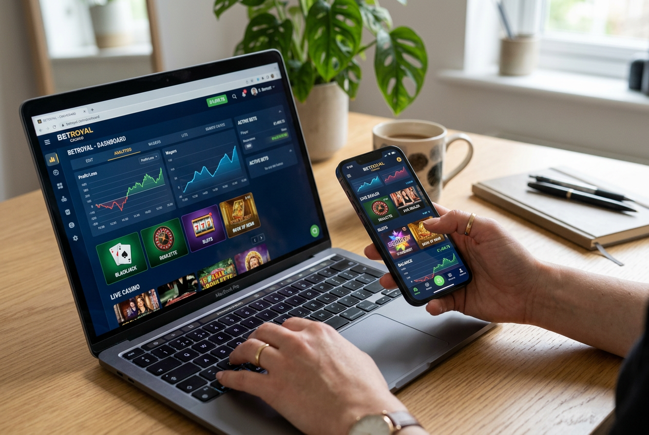 Ekspert analizujący interfejs mobilny kasyna na laptopie i telefonie
