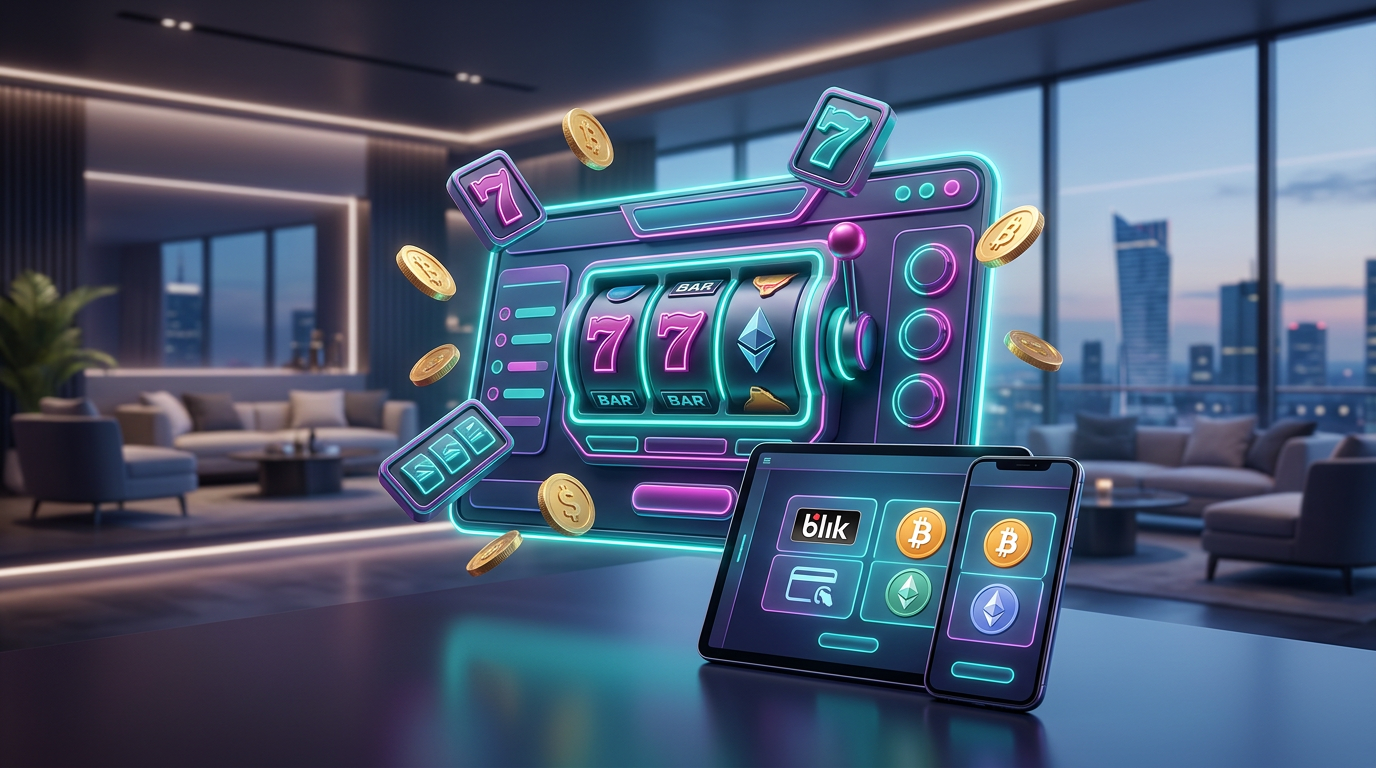 Futuristic 2026 online casino interface on digital devices with neon lighting